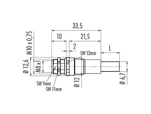 Dessin coté M8 Embase femelle, Contacts: 4, blindé, assemblés avec câble, IP67, M10x0,75, Ethernet, PUR, vert, 4 x AWG 22, Montage mural arrière, coulé, 0,5 m