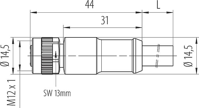 Dibujo a escala M12 Conector de cable hembra, Número de contactos: 4, sin blindaje, moldeado en el cable, IP68, UL 2238, PUR, negro, 4 x 1,50 mm², 2 m
