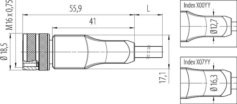 Dessin coté M16 Connecteur femelle, Contacts: 3, blindé, surmoulé sur le câble, IP67, PUR, noir, 3 x 0,34 mm², 5 m