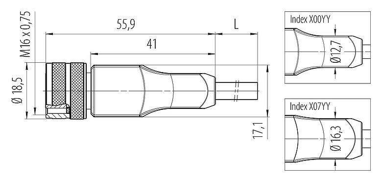 Dibujo a escala M16 Conector de cable hembra, Número de contactos: 3, blindado, moldeado en el cable, IP67, PUR, negro, 3 x 0,34 mm², 2 m