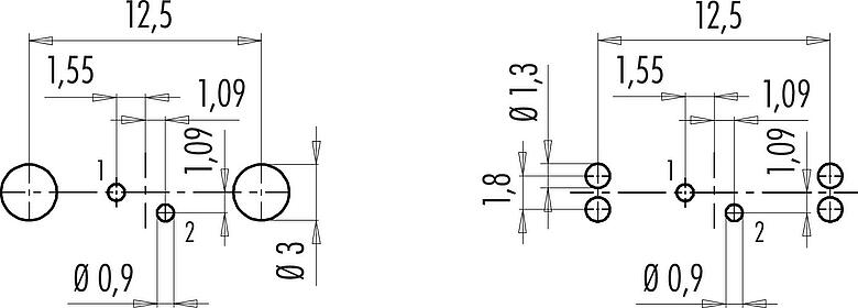 Conductor layout M9 Female panel mount connector, Contacts: 2, shieldable, THT, IP67, M12x0.5, Rear mounting, potted