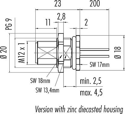 Dibujo a escala M12 Enchufe de brida, Número de contactos: 4, sin blindaje, hilos, IP68, UL 2238, PG 9, Montaje en pared