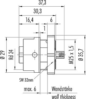 Dibujo a escala RD24 Toma de brida, Número de contactos: 6+PE, sin blindaje, tornillo extraíble, IP67, UL, ESTI+, VDE, Montaje frontal