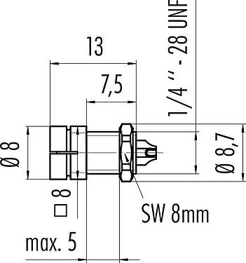Scale drawing Snap-In Male panel mount connector, Contacts: 3, unshielded, solder, IP40, 1/4" 28 UNF, Front mounting