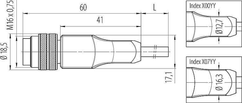 Scale drawing M16 Male cable connector, Contacts: 3, shielded, moulded on the cable, IP67, PUR, black, 3 x 0.34 mm², 2 m