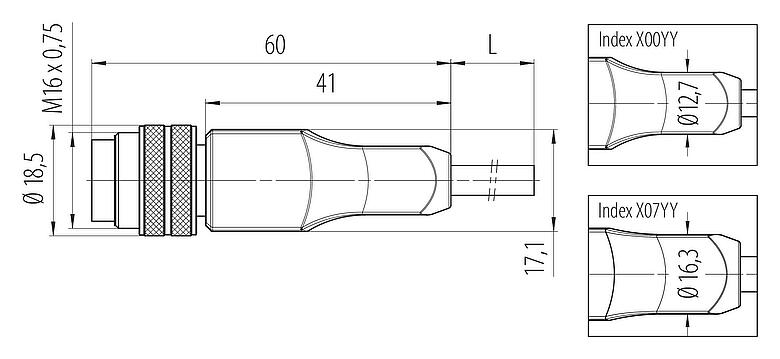 Dibujo a escala M16 Conector de cable macho, Número de contactos: 8, blindado, moldeado en el cable, IP67, PUR, negro, 8 x 0,25 mm², 2 m