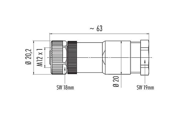 Scale drawing M12 Female cable connector, Contacts: 8, 8.0-10.0 mm, unshielded, screw clamp, IP67, UL 2238, PG 11