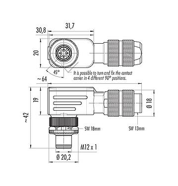 Dessin coté M12 Connecteur mâle coudé, Contacts: 4, 5,0-8,0 mm, blindable, pince à visser, IP67, UL 2238, ressort à iris