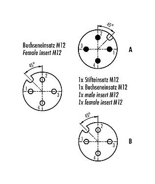 Contact arrangement (Plug-in side) M12 Twin distributors Y-distributor, male connector - 2 female connector, Contacts: 4, unshielded, pluggable, IP68, UL 2238