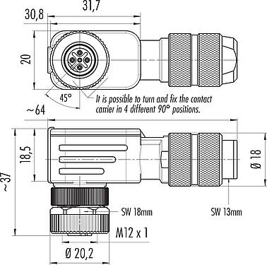 Dibujo a escala M12 Conector hembra en ángulo, Número de contactos: 5, 5,0-8,0 mm, blindable, tornillo extraíble, IP67, UL 2238, Pluma de iris