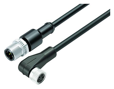 Illustration M12/M8 Male cable connector - female angled connector, Contacts: 4, unshielded, moulded on the cable, IP67/IP69K, UL 2238, PLTC, TPE, black, 4 x AWG 22, 5 m