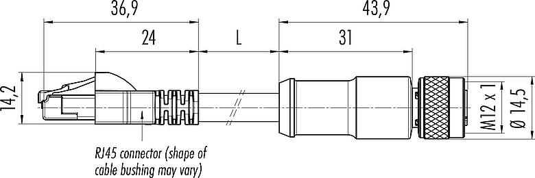 Dibujo a escala M12/RJ45 Cable de conexión conector de cable hembra - conector RJ45, Número de contactos: 8, blindado, moldeado/engarzado, IP67, Ethernet CAT5e, TPE, azul/verde, 4 x 2 x AWG 24, 0,3 m