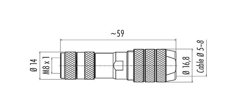 Scale drawing M8 Female cable connector, Contacts: 4, 5.0-8.0 mm, shieldable, screw clamp, IP67, M8x1.0, iris spring