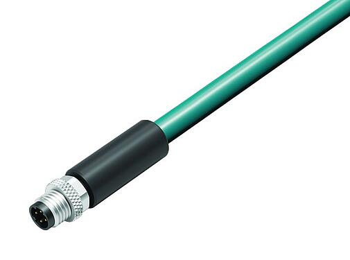 Ilustración M8 Conector de cable macho, Número de contactos: 4, blindado, moldeado en el cable, IP67, UL, Ethernet CAT5e, TPE, azul/verde, 2 x 2 x AWG 24, 2 m