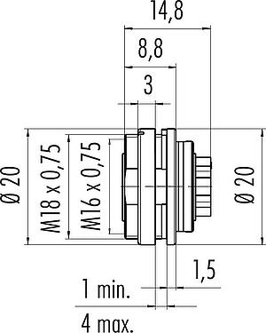 Scale drawing M16 Female panel mount connector, Contacts: 4 (04-a), unshielded, crimping (Crimp contacts must be ordered separately), IP40, M18x0,75, Rear mounting