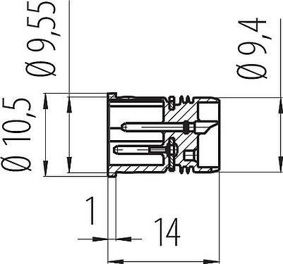 Dibujo a escala M12 Enchufe integrado, Número de contactos: 2+PE, sin blindaje, soldadura, IP67, UL