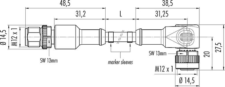 Scale drawing M12 Male cable connector - female angled connector, Contacts: 4, unshielded, moulded on the cable, IP68/IP69K, UL 2238, PLTC, TPE-E, yellow, 4 x AWG 22, 1 m