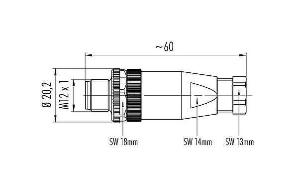 Dessin coté M12 Connecteur mâle, Contacts: 4, 4,0-6,0 mm, non blindé, sertir (Les contacts à sertir doivent être commandés séparément), IP67, UL 2238