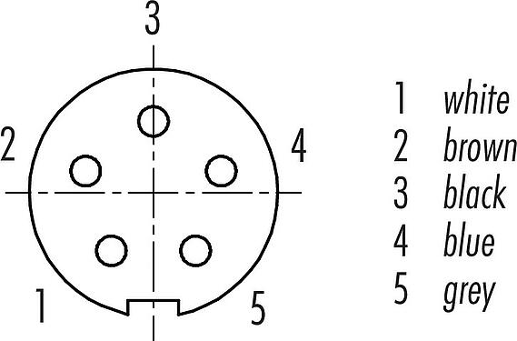 Disposition des contacts (Côté plug-in) M9 Connecteur femelle, Contacts: 5, non blindé, surmoulé sur le câble, IP67, PUR, noir, 5 x 0,25 mm², 2 m