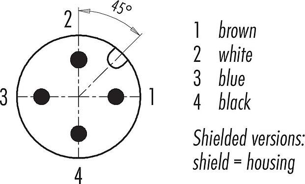 Contact arrangement (Plug-in side) M12 Male angled connector, Contacts: 4, shielded, moulded on the cable, IP67, UL 2238, PUR, black, 4 x 0.34 mm², 2 m