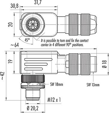 Dibujo a escala M12 Conector macho en ángulo, Número de contactos: 4, 5,0-8,0 mm, blindable, crimpado (los contactos de crimpado deben pedirse por separado), IP67, UL 2238