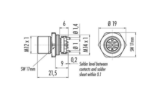 Dibujo a escala M12 Enchufe de brida, Número de contactos: 5, sin blindaje, SMT, IP67, M12x1,0, Montaje frontal