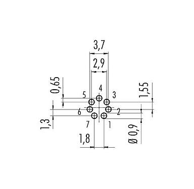 Conductor layout M9 Male panel mount connector, Contacts: 7, unshielded, THT, IP40, M9x0,5, Rear mounting