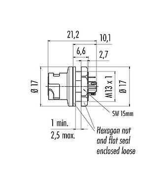 Scale drawing Bayonet Female panel mount connector, Contacts: 5, unshielded, solder, IP54 unplugged, M13x1,0, Front mounting