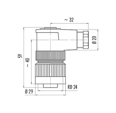 Dessin coté RD24 Connecteur femelle coudé, Contacts: 6+PE, 6,0-8,0 mm, non blindé, souder, IP67, UL, ESTI+, VDE, PG 9