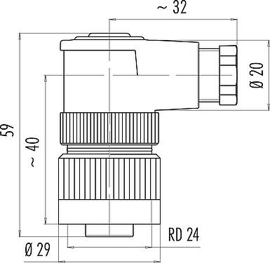 Dessin coté RD24 Connecteur femelle coudé, Contacts: 3+PE, 6,0-8,0 mm, non blindé, pince à visser, IP67, UL, ESTI+, VDE, PG 9