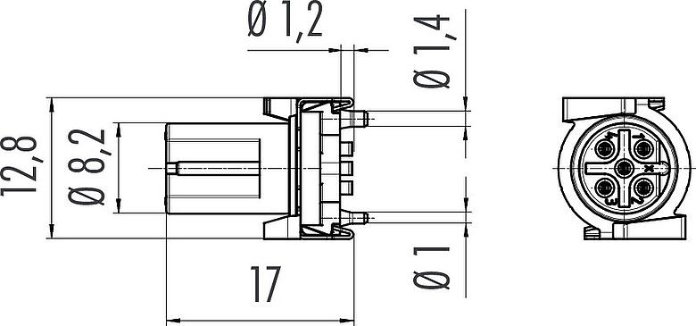 Dibujo a escala M12 Toma intgrada, Número de contactos: 5, blindable, SMT, IP67