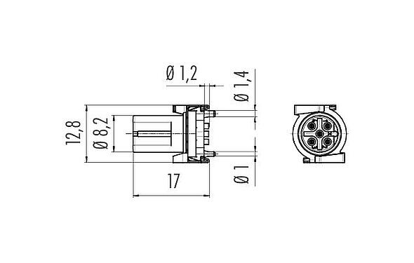 Dibujo a escala M12 Toma intgrada, Número de contactos: 5, blindable, SMT, IP67