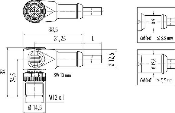 Scale drawing M12 Male angled connector, Contacts: 3, unshielded, moulded on the cable, IP68/IP69K, UL 2238, PUR, black, 3 x 0.34 mm², 10 m