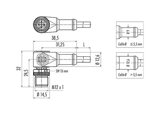 Scale drawing M12 Male angled connector, Contacts: 3, unshielded, moulded on the cable, IP68/IP69K, UL 2238, PVC, grey, 3 x 0.34 mm², 2 m