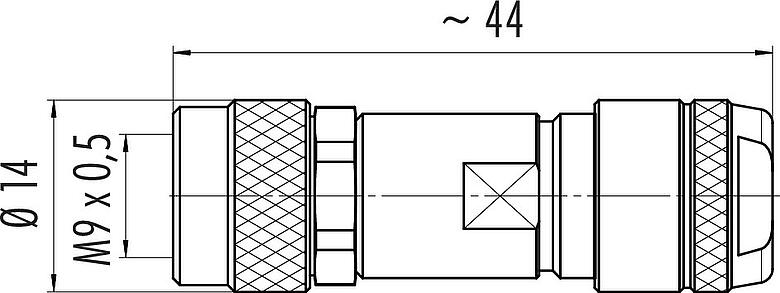 Scale drawing M9 Female cable connector, Contacts: 2, 4.0-5.5 mm, shieldable, solder, IP67, iris spring