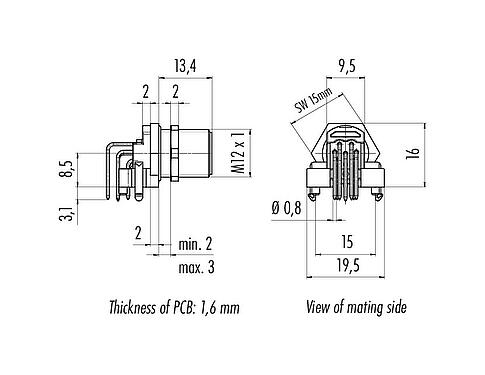 Dibujo a escala M12 Enchufe de ángulo brida, Número de contactos: 8, sin blindaje, THR, IP68, UL 2238, Montaje en pared, para montaje de PCB