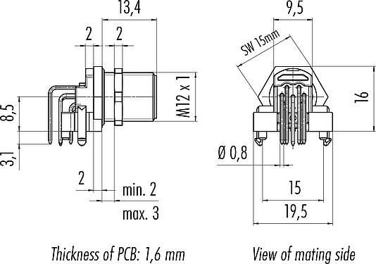 Dessin coté M12 Embase mâle, coudé, Contacts: 8, non blindé, THR, IP68, UL 2238, Montage mural arrière, pour assemblage PCB