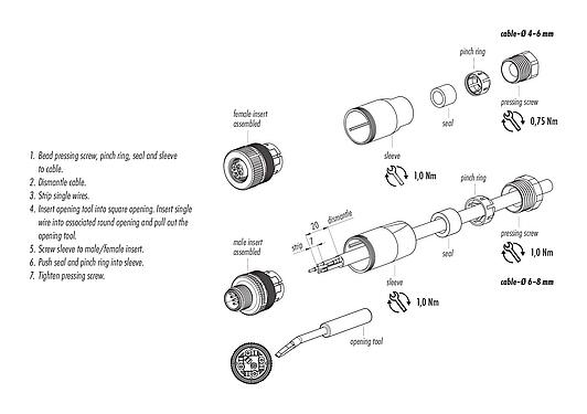 Instrucción de montaje M12 Conector de cable macho, Número de contactos: 4, 6,0-8,0 mm, sin blindaje, abrazadera de alambre, IP67