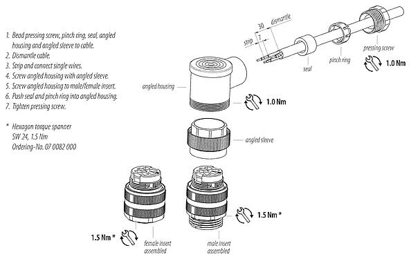 Instrucción de montaje 7/8" Conector hembra en ángulo, Número de contactos: 3+PE, 6,0-8,0 mm, sin blindaje, tornillo extraíble, IP67, UL 2238, VDE