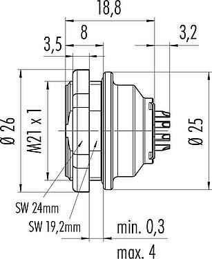 Scale drawing Push Pull Female panel mount connector, Contacts: 12, unshielded, solder, IP67, M21x1,0, Rear mounting