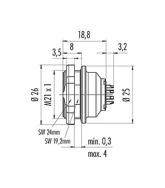 Scale drawing Push Pull Female panel mount connector, Contacts: 12, unshielded, solder, IP67, M21x1,0, Rear mounting