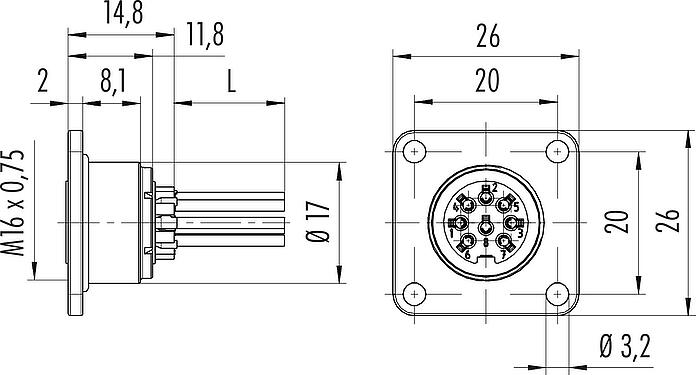 Scale drawing M16 Female panel mount connector, Contacts: 5 (05-a), unshielded, single wires, IP67, UL 2238, M18x0,75, Front mounting