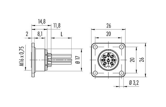 Dessin coté M16 Embase femelle, Contacts: 5 (05-a), non blindé, fils, IP67, UL 2238, M18x0,75, Montage frontal
