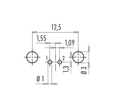 Conductor layout M9 Female angled panel mount connector, Contacts: 2, shieldable, THT, IP67, Rear mounting, potted