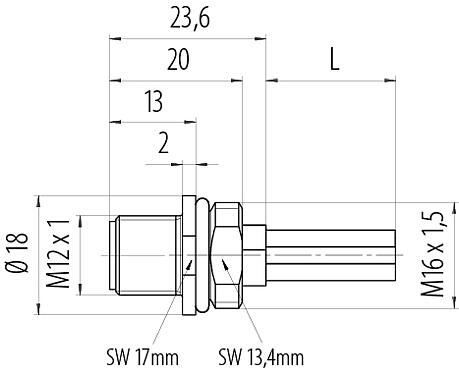 Dessin coté M12 Embase mâle, Contacts: 4, non blindé, fils, IP68, UL 2238, M16x1,5, Montage frontal, coulé