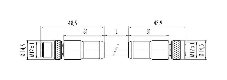 Scale drawing M12 Connecting cable male cable connector - female cable connector, Contacts: 8, shielded, moulded on the cable, IP67, Ethernet CAT5e, TPE, teal, 4 x 2 x AWG 24, 2 m