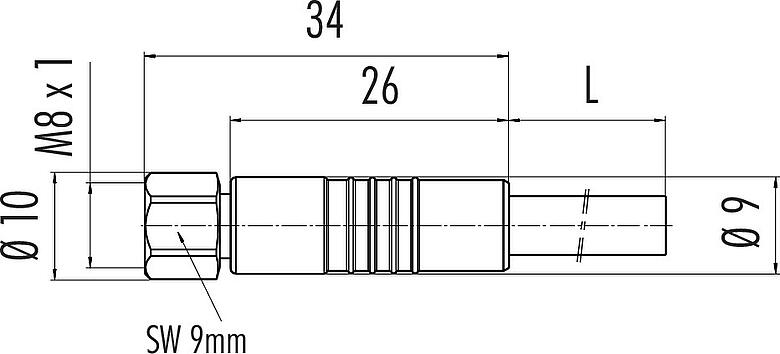 Scale drawing M8 Female cable connector, Contacts: 6, unshielded, moulded on the cable, IP67/IP69K, UL 2238, PUR, black, 6 x 0.25 mm², stainless steel, 2 m