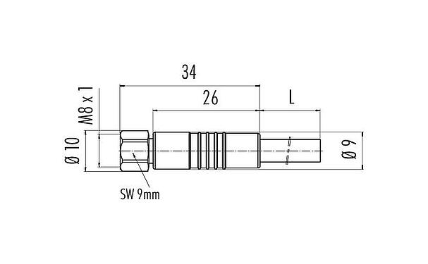 Scale drawing M8 Female cable connector, Contacts: 6, unshielded, moulded on the cable, IP67/IP69K, UL 2238, PUR, black, 6 x 0.25 mm², stainless steel, 2 m