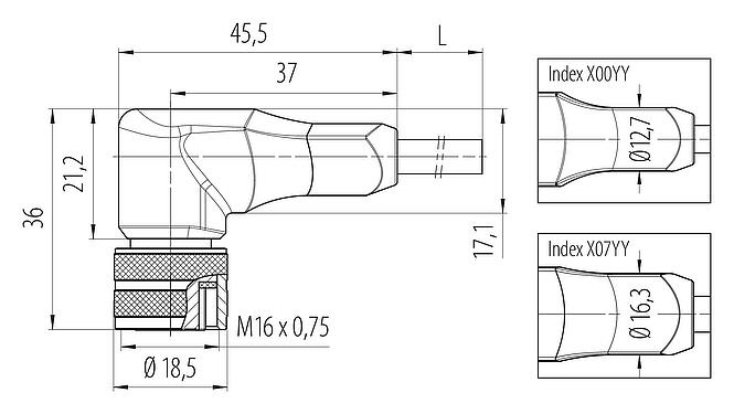 Scale drawing M16 Female angled connector, Contacts: 5, shielded, moulded on the cable, IP67, PUR, black, 5 x 0.34 mm², 5 m