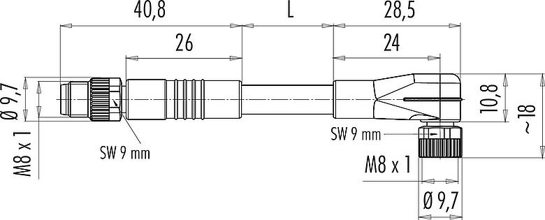Dibujo a escala M8 Conector de cable macho - conector hembra en ángulo, Número de contactos: 3, sin blindaje, moldeado en el cable, IP67/IP69K, UL 2238, Standard, PVC, amarillo, 3 x AWG 22, 2 m